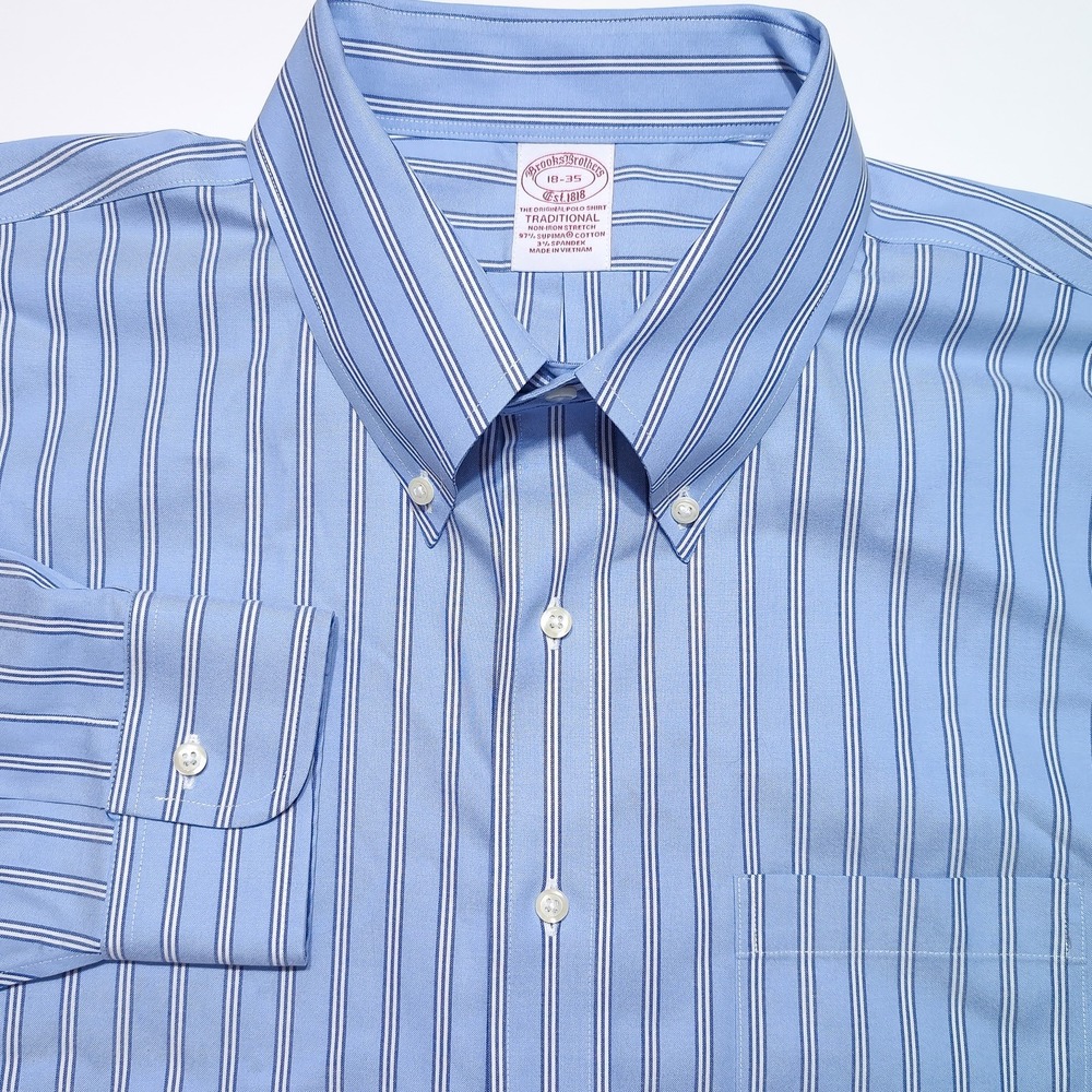 BROOKS BROTHERS Button Down Mens 18 35 Blue Excellent Non-Iron Stretch Striped